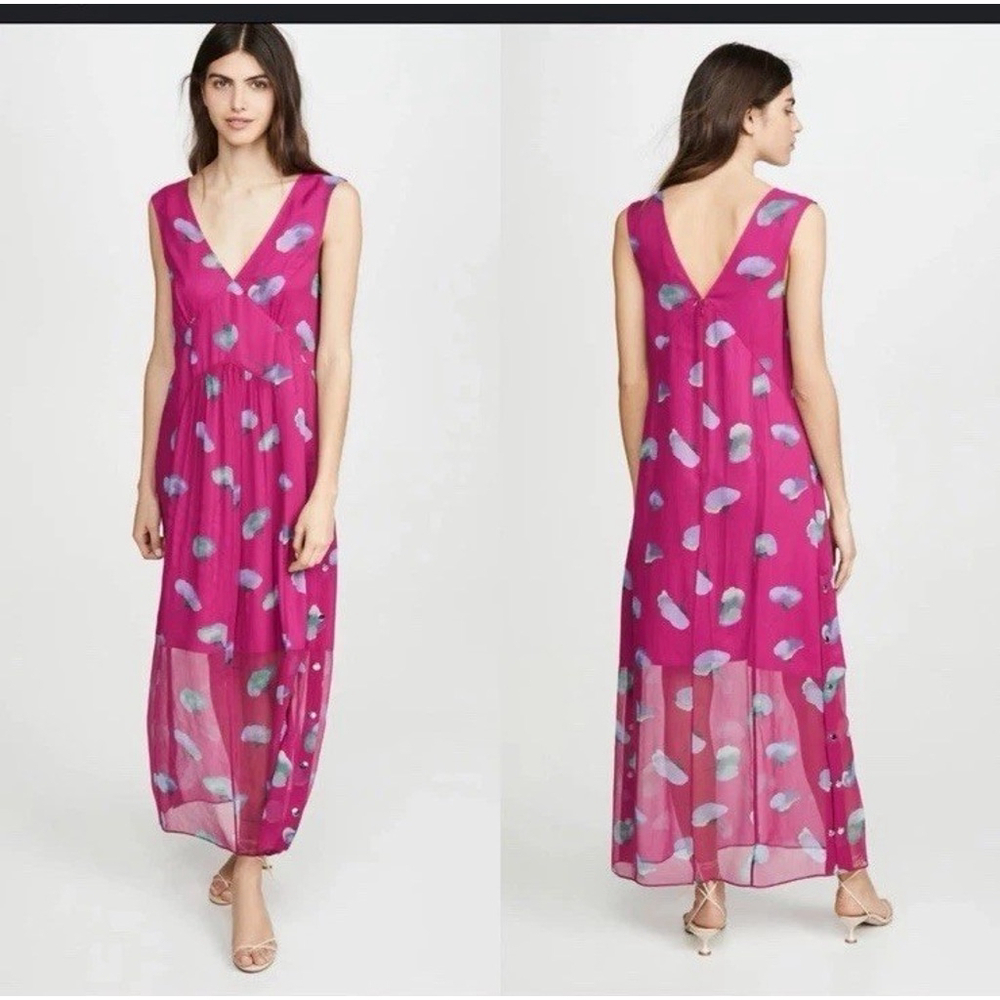 Coach Sleeveless Midi Length Dress Pink V Neck 100% Silk Chiffon Sheer Size 4